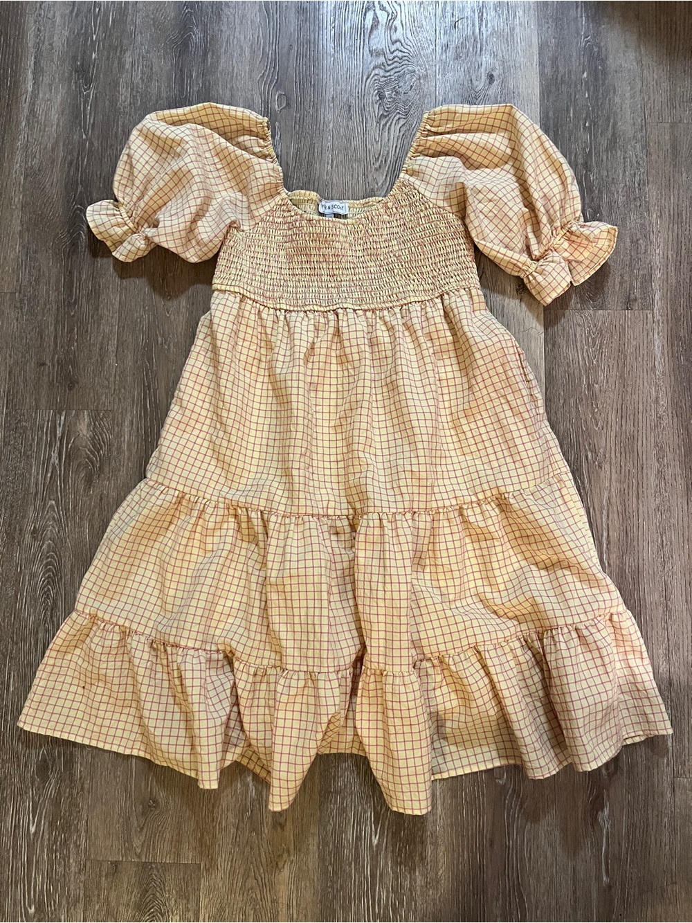 Smocked Puff-Sleeve Midi Dress in Yellow Gingham